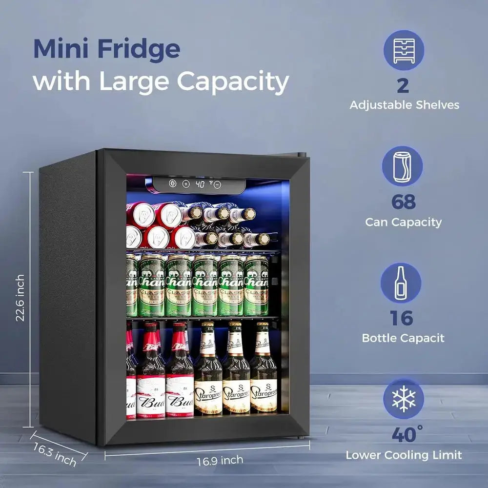 68-Can Capacity Mini Fridge with Glass Door for Beverages, Ideal for Home, Office, or Dorm, Black from PriceLows™