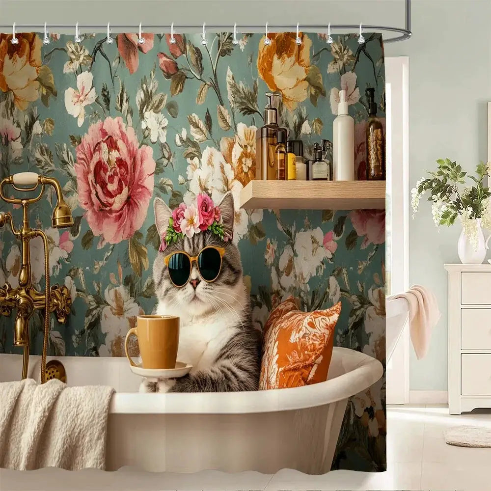 Nordic style Flowers Leaves Animals Shower Curtain Cat and Dog Printed Bathroom Bath Curtain Home Decoration Curtain With Hooks from PriceLows™