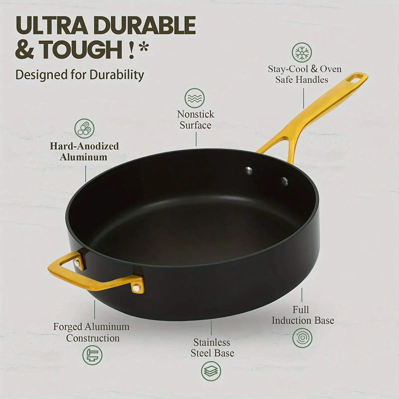 4pcs Hard Anodized Nonstick Cookware Set - Black Pots & Pans with Golden Stainless Steel Handles, Oven & Dishwasher Safe from PriceLows™