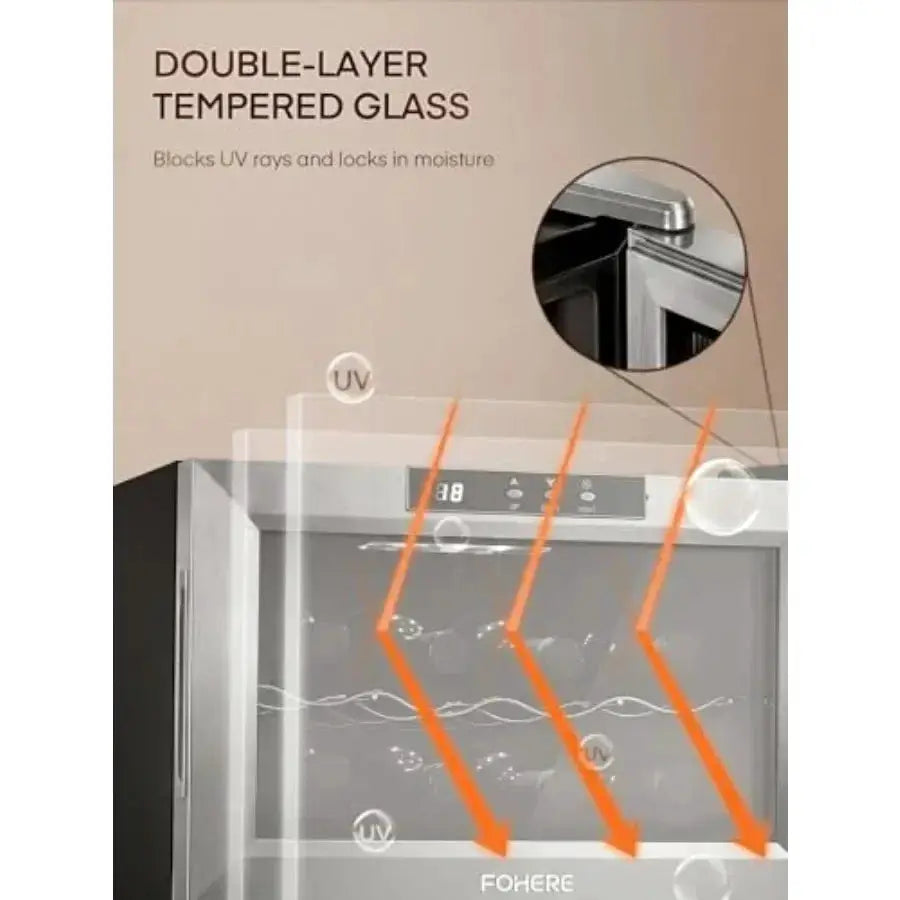 Countertop wine fridge for bar home office use, stainless steel with double glass doors, black finish, LED lighting and digital from PriceLows™