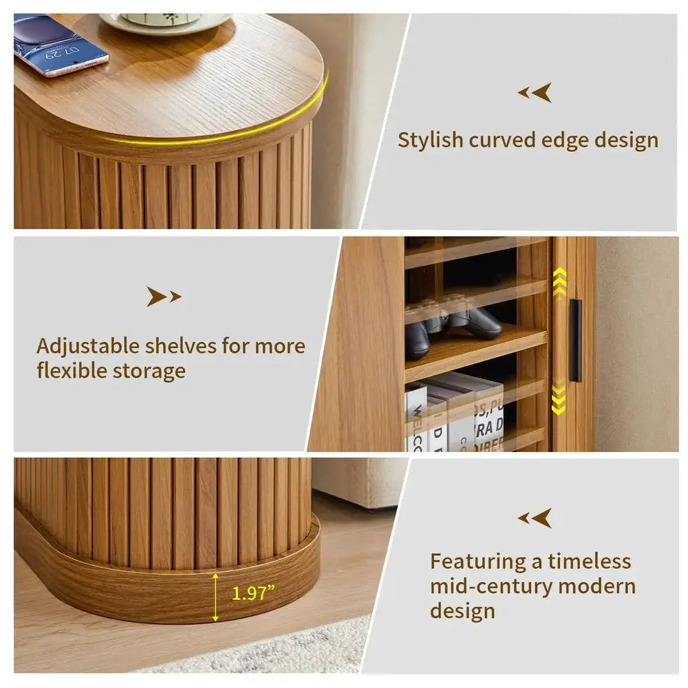End Table, Narrow Side Table, Skinny Nightstand with Charging Station, MidCentury Modern Curved Fluted Bedside Table with Door from PriceLows™