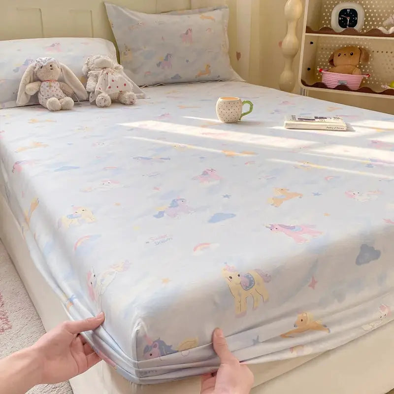100% Cotton Fitted Sheet, Soft Breathable Cartoon Print Mattress Cover, 25cm Deep Pocket Wrinkle Resistant for 1/2 Person Size from PriceLows™