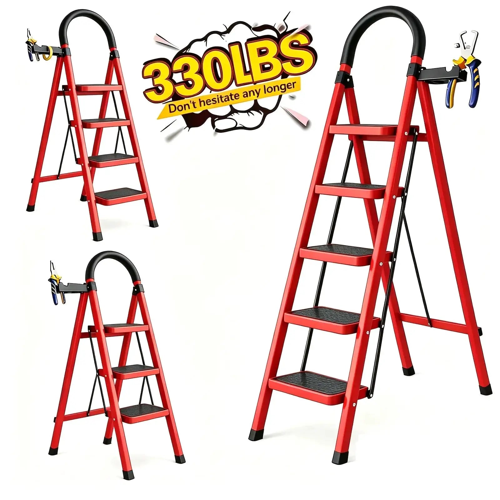 330lbs Load-bearing Folding Ladder | Heavy-duty Steel Step Stool with Anti-slip Wide Treads, Handrails, Safety Lock Design, Black And Red Color Scheme, Portable Multi-functional Ladder for Home And Kitchen Use-CVNU from PriceLows™