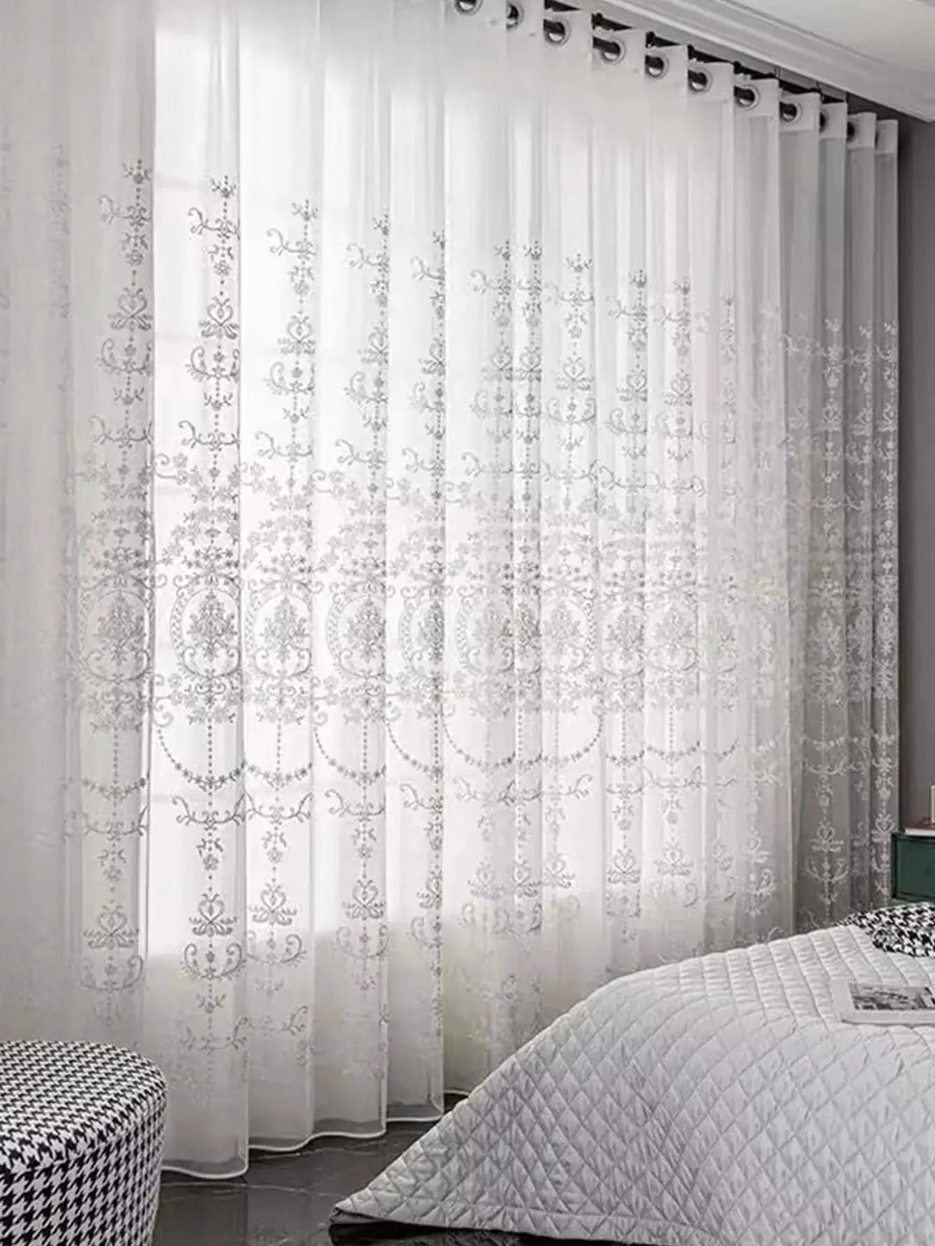 Sheer Curtains White Embroidered Floral Voile Drapes for Living room, Bedroom from PriceLows™