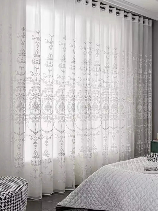 Sheer Curtains White Embroidered Floral Voile Drapes for Living room, Bedroom from PriceLows™