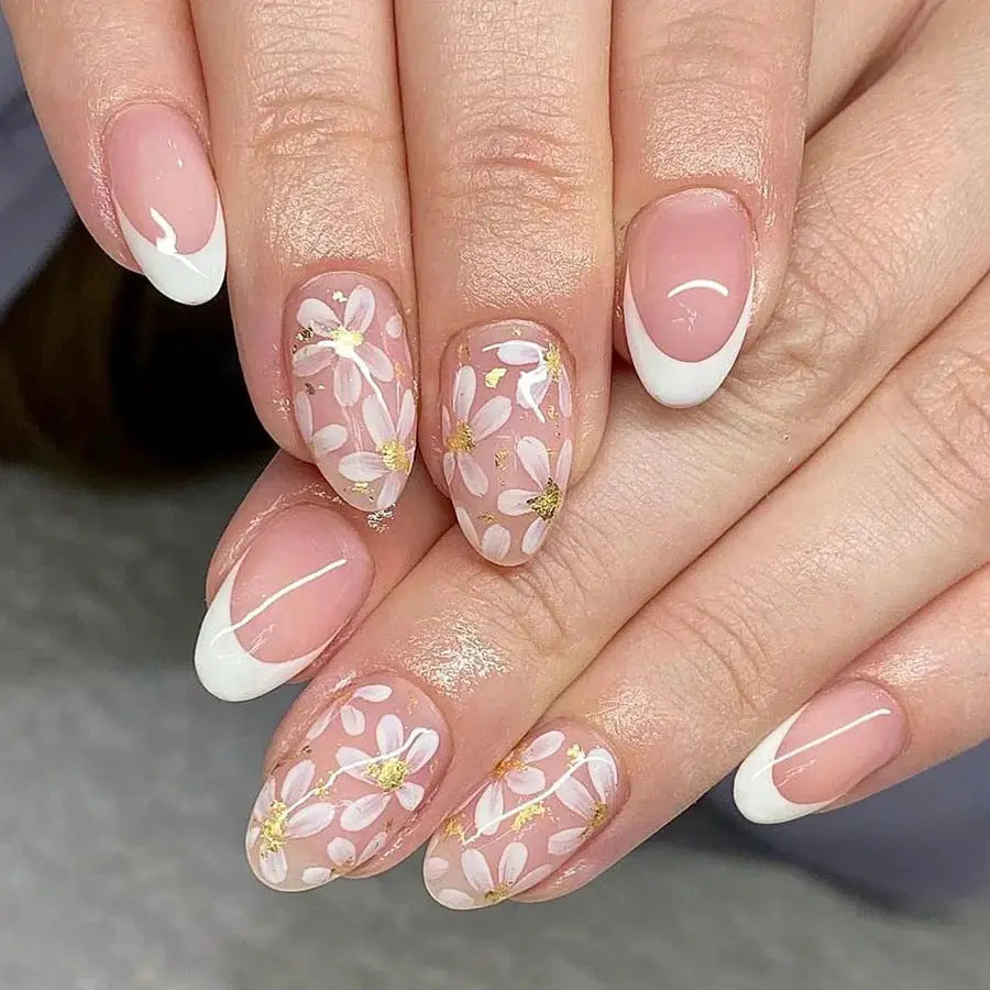 Short Almond Press On Nails | Pink Floral French | Reusable Full Cover | 24 Pcs