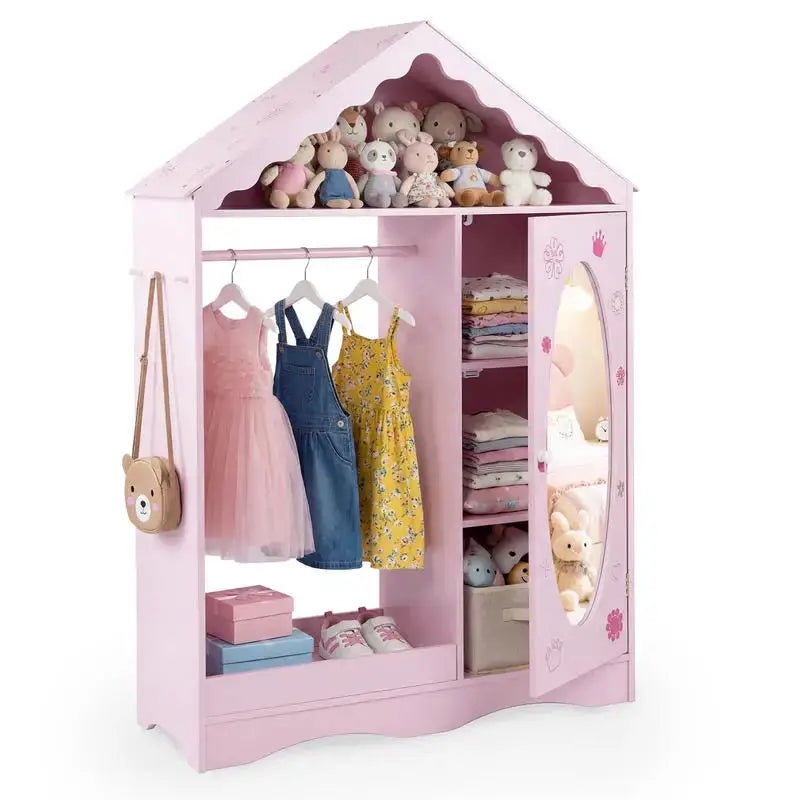 Kids Dress Up Storage with Mirror Roofed Wardrobe Closet with Open Hanging Rack-Pink from PriceLows™