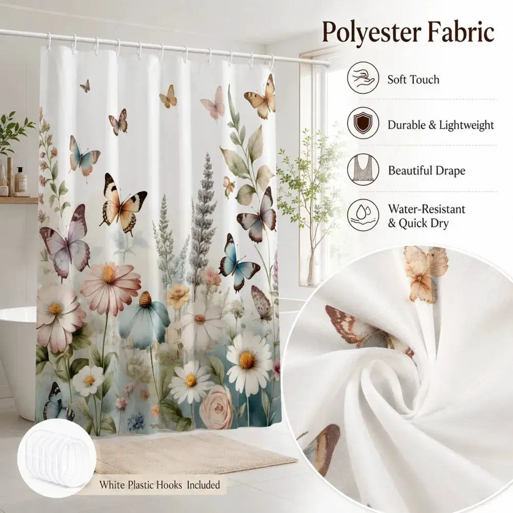 Butterfly Floral Shower Curtain Daisy Flower Print Bath Screen Waterproof Polyester Bathroom Decoration Set All Season Universal from PriceLows™