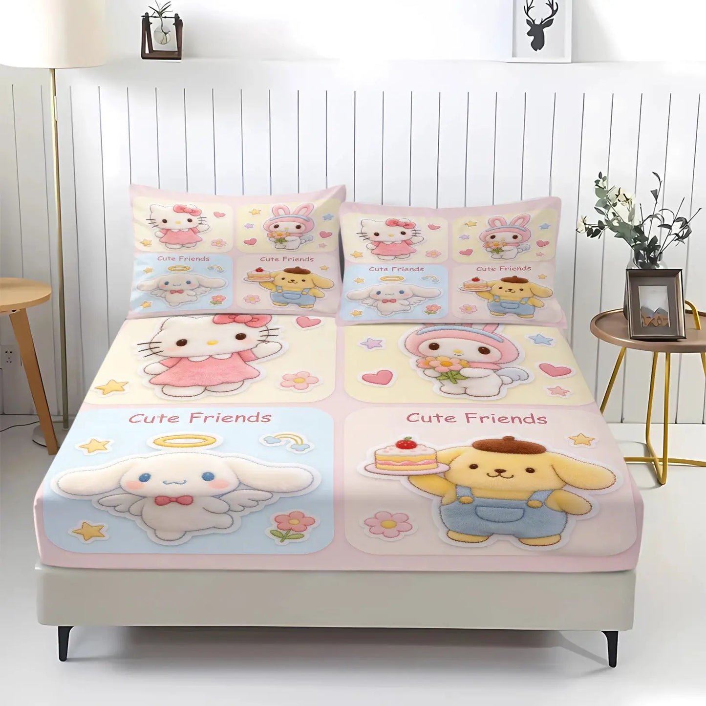 Sanrio Hello Kitty My Melody Cinnamoroll Pompompurin Fitted Sheet Set Kawaii Cute Cartoon Bed Sheet Pillowcases for Girl Bedroom from PriceLows™