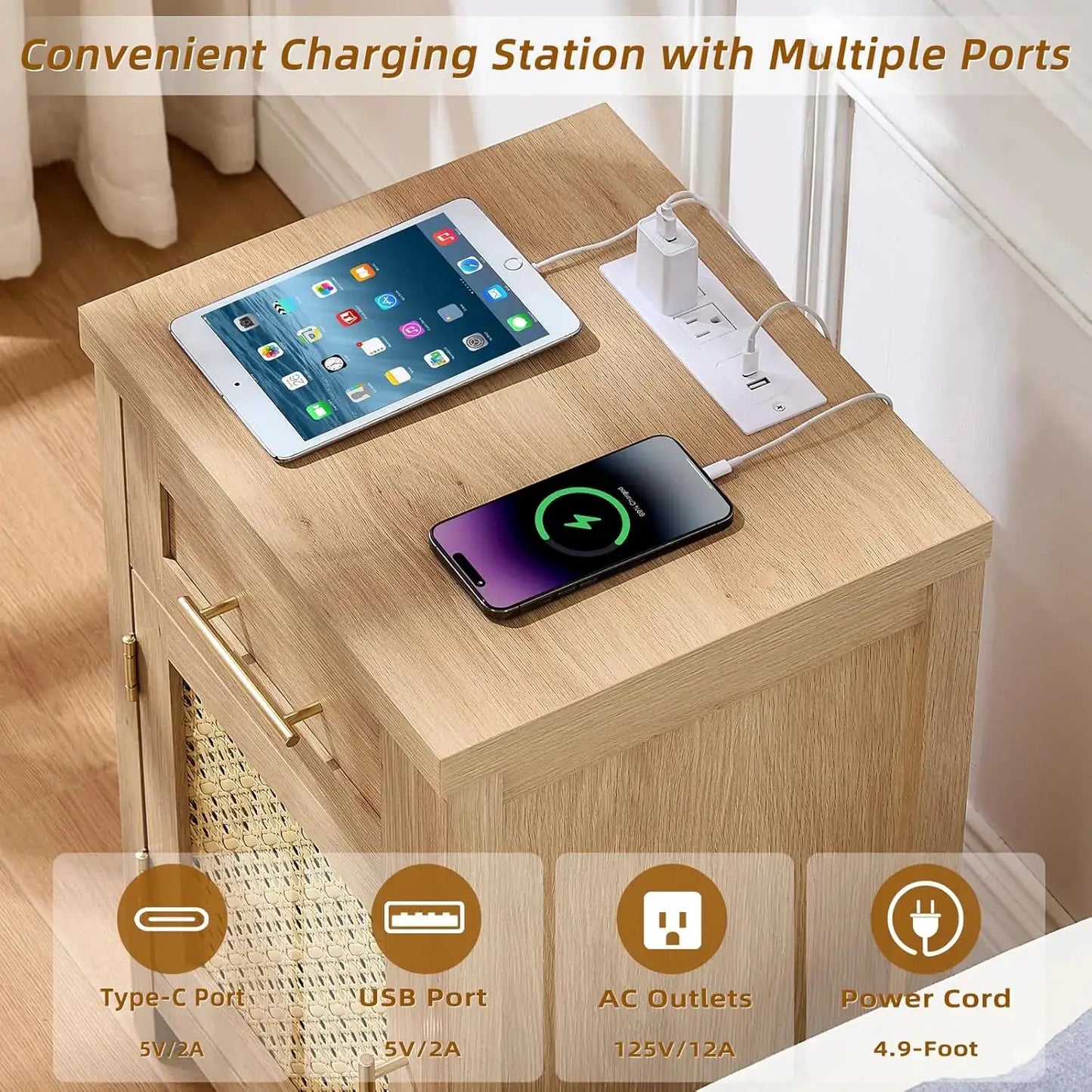 Boho Rattan Nightstand Set of 2 with Type-C Charging Station, Drawer & Adjustable Shelf, Natural Oak from PriceLows™