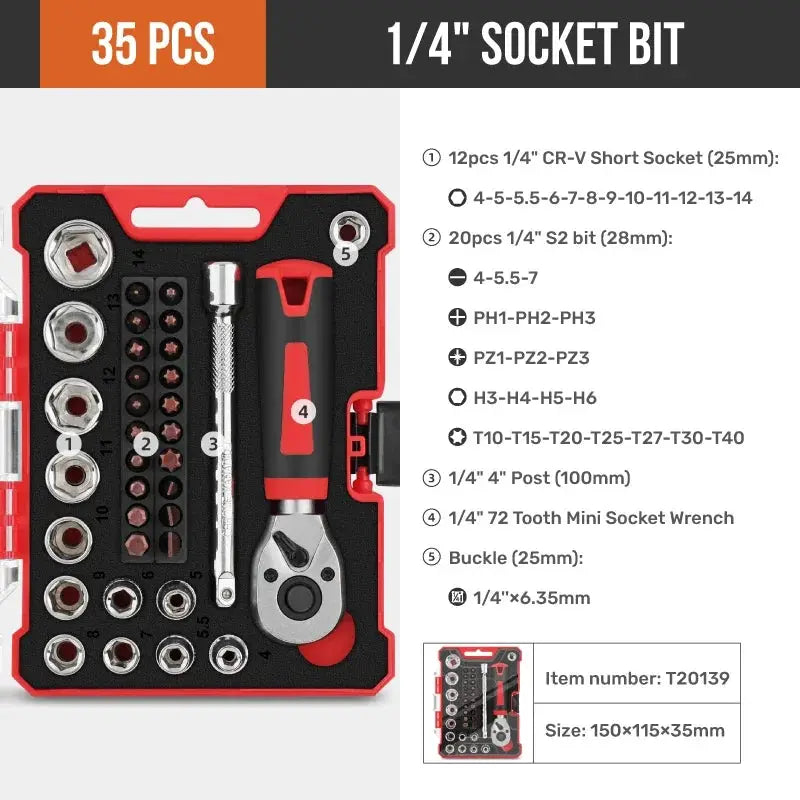 Apollo 35Pcs 1/4" Mini Ratchet Wrench Socket Set w/ Hex Bits & Quick-Release for Auto Repair Socket Wrench Set & Hand Tool Kit from PriceLows™