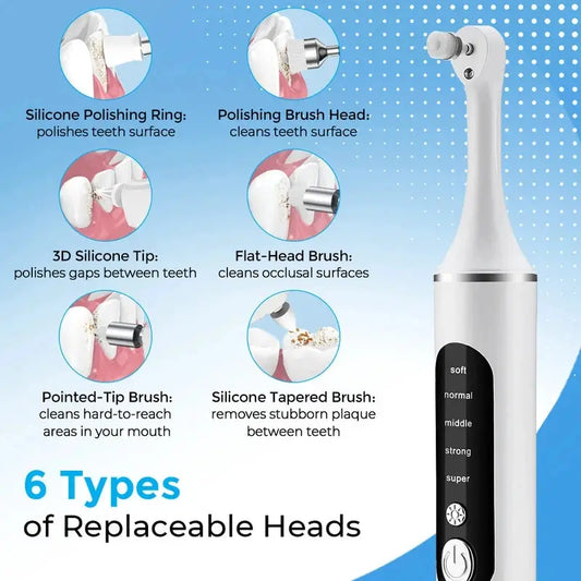 Electric Tooth Polisher | 6 Brush Heads | 5 Speed Modes | One Size
