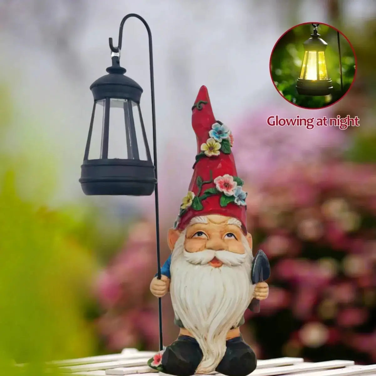 Garden Gnomes Statue with Solar Lights, Solar resin dwarf holding bird and holding lantern statue light from PriceLows™