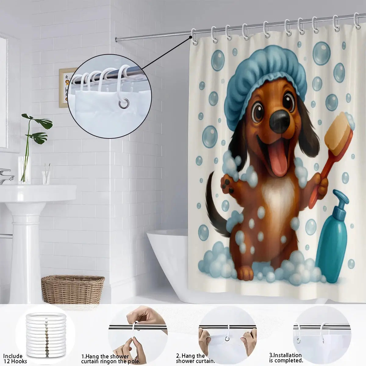 1pc Cute Bathing Sausage Dog Printe Shower Partition Privacy Hanging Curtain with 12 Hooks Multiple Sizes Easy Installation from PriceLows™