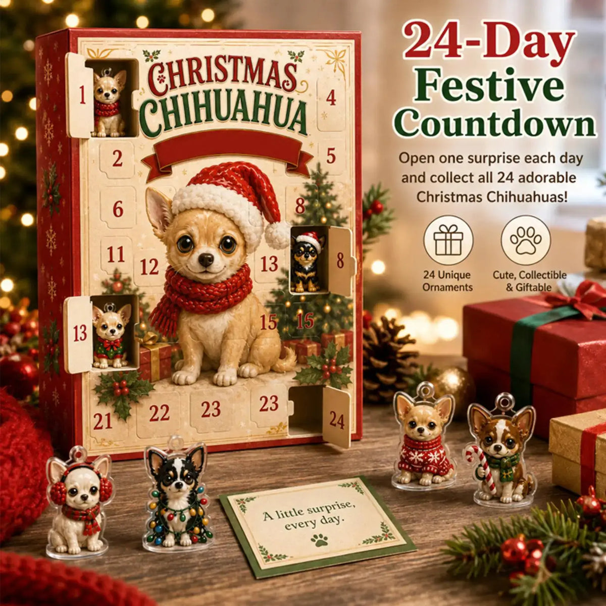 Chihuahua Advent Calendars | 24 Day Countdown | Flat Acrylic | Ornament Set