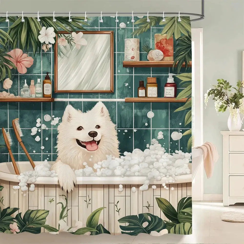 Nordic style Flowers Leaves Animals Shower Curtain Cat and Dog Printed Bathroom Bath Curtain Home Decoration Curtain With Hooks from PriceLows™