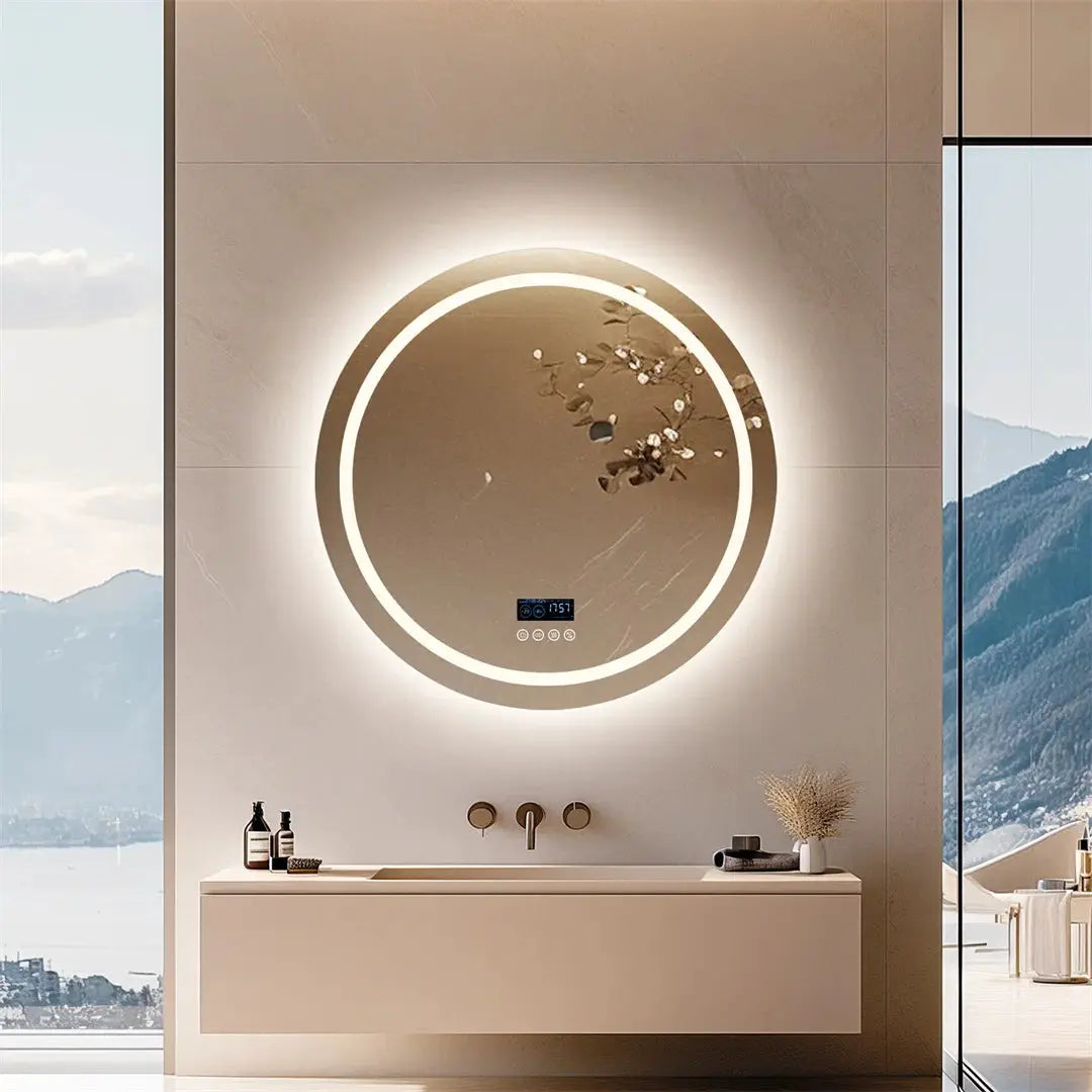 LUVODI Round Bathroom Mirror with Dual Bluetooth Speakers Anti-Fog Lighted Shower Vanity Mirror with Time Weather Display from PriceLows™