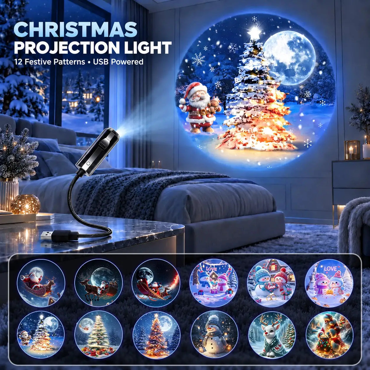 Christmas Projection Lamp | USB Powered | HD Patterns | Indoor Decor