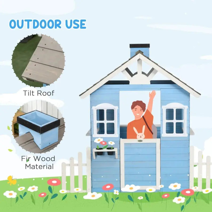 Wooden Playhouse for Outdoor with Flower Pot Holders Door Windows Service Stations for 3-7 Years Blue from PriceLows™
