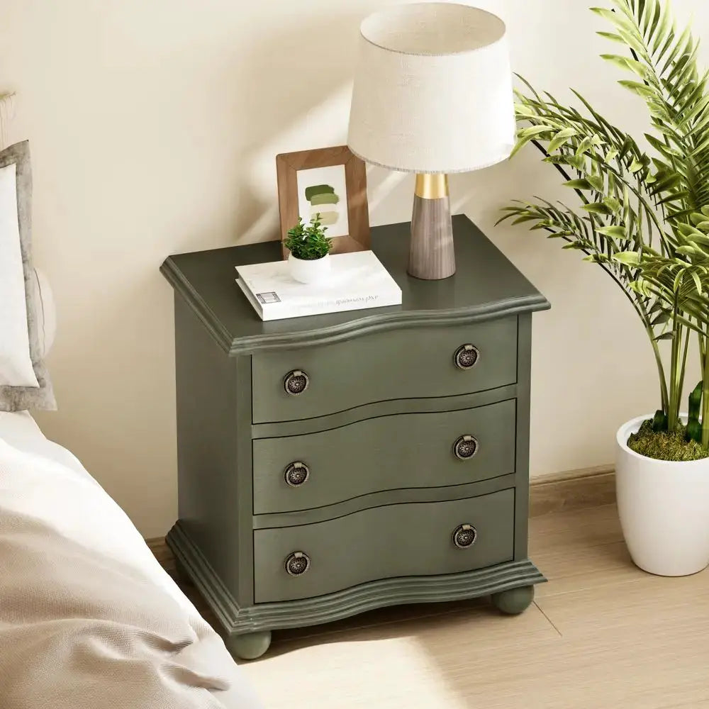 Farmhouse 3 Drawer Nightstand with Distressed Wood Finish, Rustic Vintage Small Dresser with Curved Front Design, Solid Pine Ba from PriceLows™
