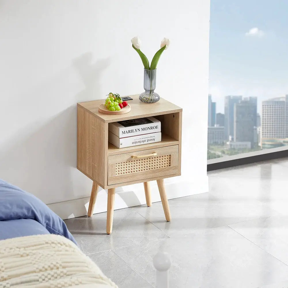 15.75" Rattan End table with Power Outlet & USB Ports , Modern nightstand with drawer and solid wood legs, side table for livin from PriceLows™