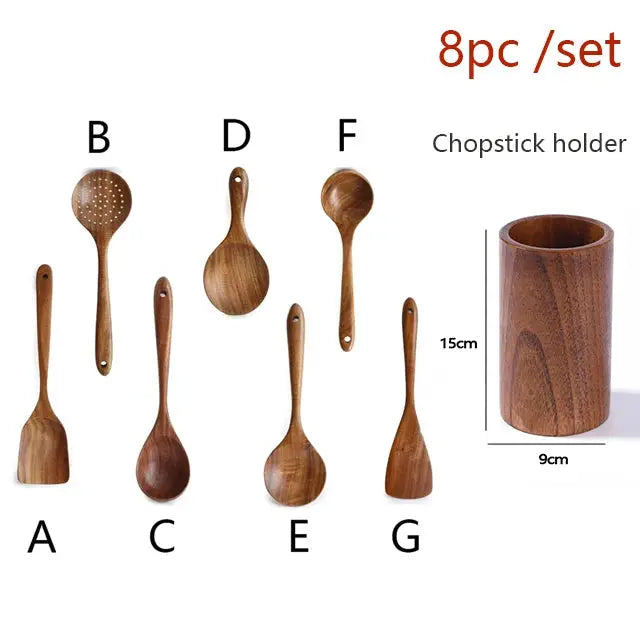 Natural Teak Cooking Spoon Scoop Kitchen Wooden Spatula Non-stick Utensils Set For Cooking With Hanging Hooks Cookware Tool from PriceLows™