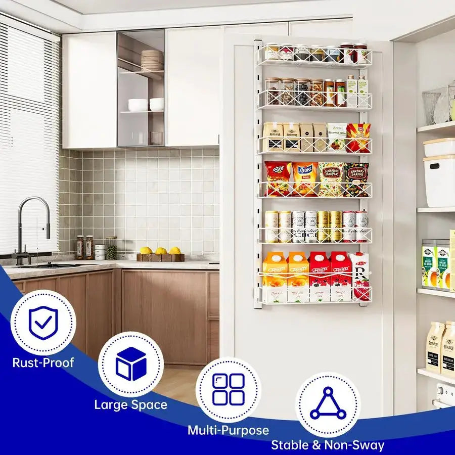 Over the Door Organizer, White 6Tier Pantry Door Organizer with Adjustable Basket, Hanging Spice Rack Cabinet Door Shelves, Laun from PriceLows™