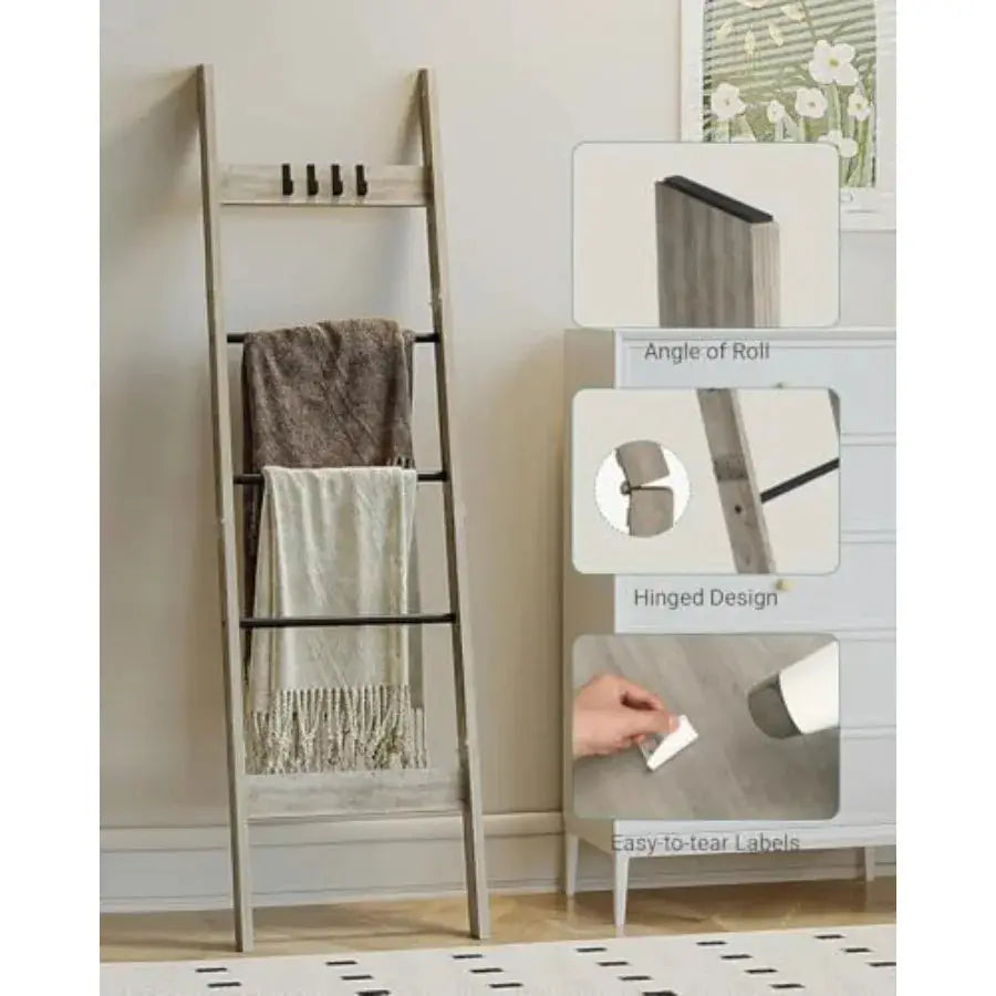 Blanket Ladder for Living Room, Decorative Quilt Rack with 4 Removable Hooks, 5-Tier Farmhouse Ladder Holder Shelf Organizer fo from PriceLows™