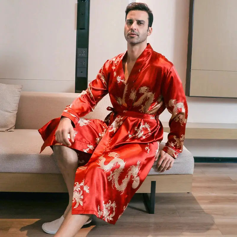 Men Satin Robe | Long Sleeve | Shawl Collar | Printed Design