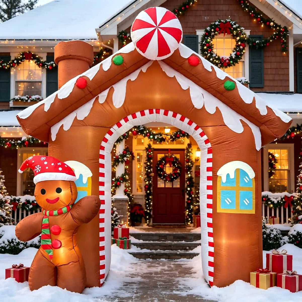 Gingerbread House Inflatable Arch | 10.2 Ft Tall | Led Holiday Lighting