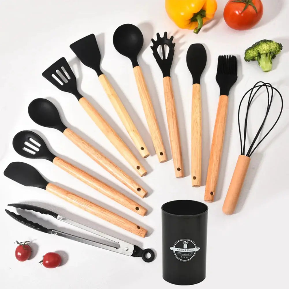 12PCS Silicone Kitchenware Non-Stick Cookware Kitchen Utensils Set Spatula Shovel Spoon Brush Whisk Wooden Handle Cooking Tool from PriceLows™