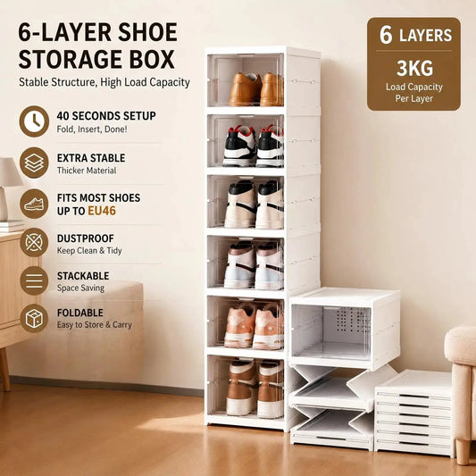 6 Layers Shoes Box Foldable Transparent Sneaker Shoe Storage Organizers Box Stackable Dustproof High-top Cabinet Shoe Rack Shelf from PriceLows™