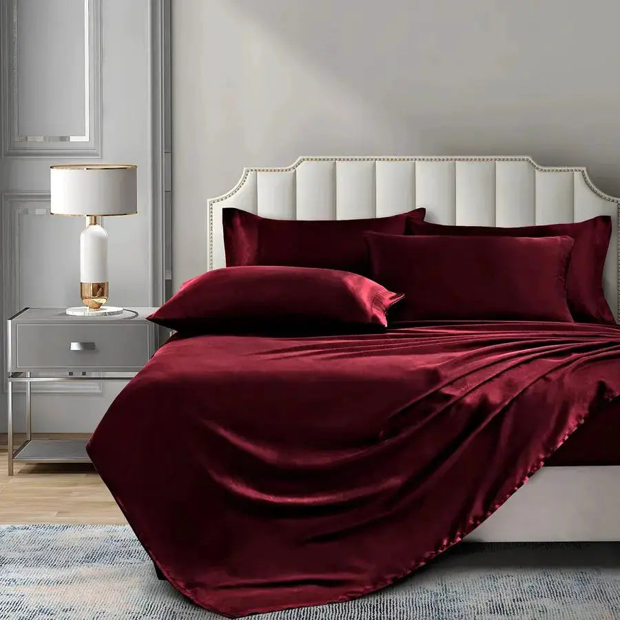 6 Pieces King Satin Sheets Luxury Silky Burgundy Satin Bedding Sheet Set, 1 Deep Pocket Fitted Sheet 1 Flat Sheet 4 Pillow Cases from PriceLows™