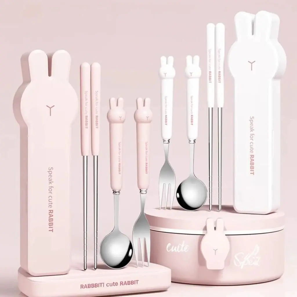 3/4PCS Cute Portable Dinnerware Set Reusable 304 Stainless Steel Fork Spoon Chopsticks With Box Cutlery For Kid Student from PriceLows™