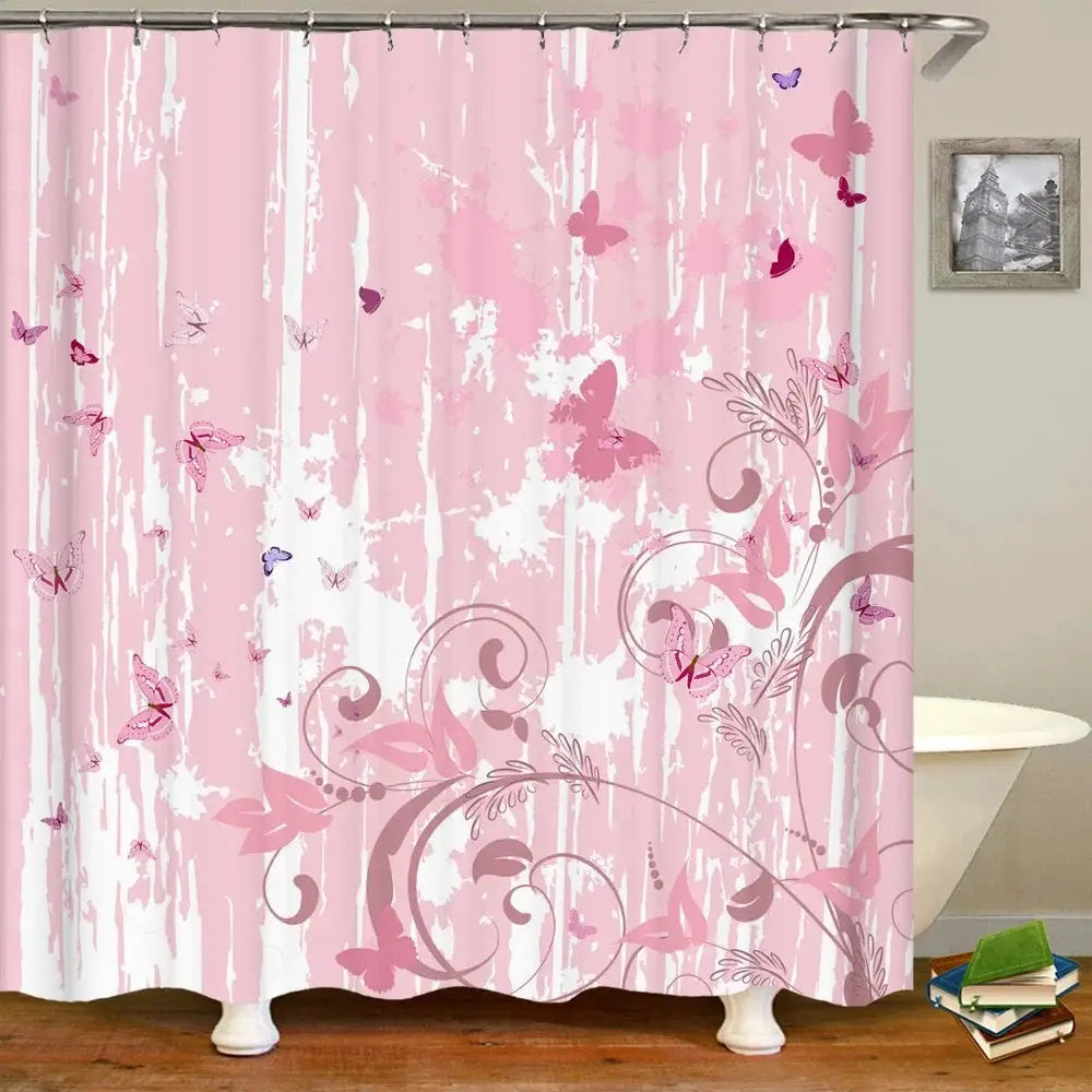 Pink Flower Butterfly Girls Shower Curtains Bathroom Curtain Fabric Waterprood Polyester For Bath Decor Bath Curtain With Hooks from PriceLows™