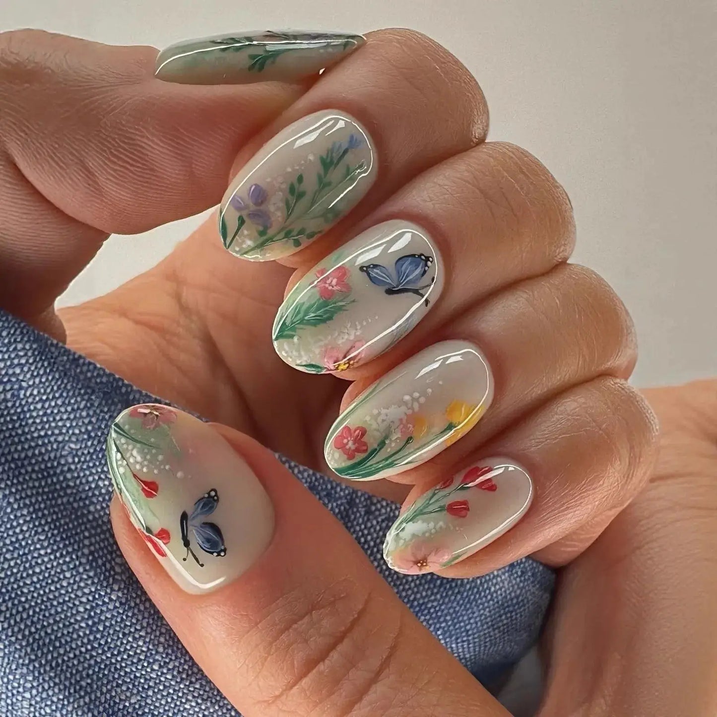 Press On Nails | Resin Coffin Shape | French Floral Print | 24 Pieces