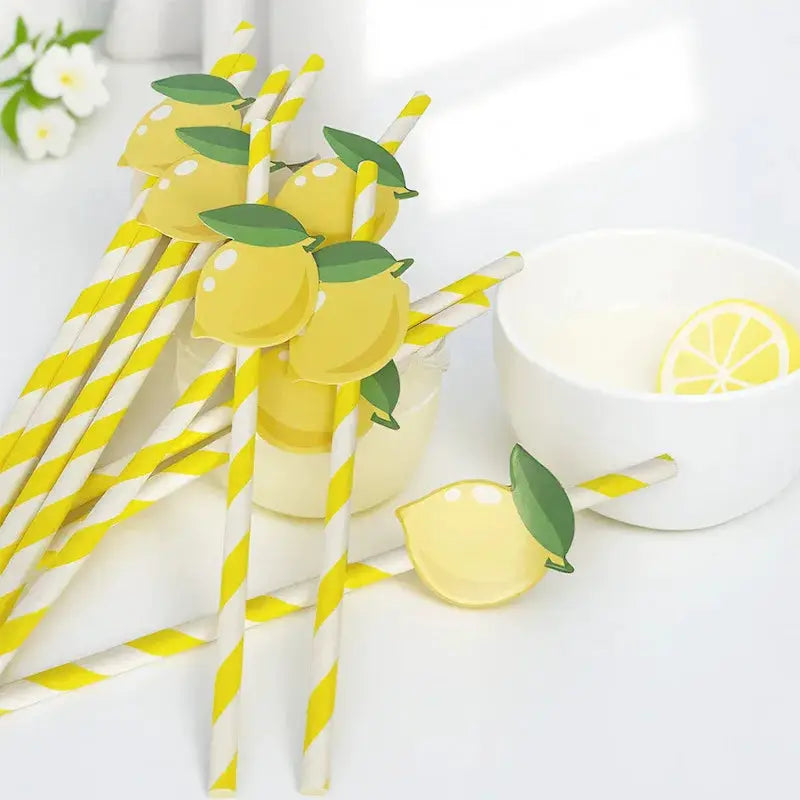 Disposable Paper Straws | Summer Lemon Print | 20 Piece Set