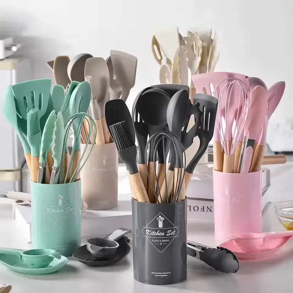 12PCS Silicone Kitchenware Non-Stick Cookware Kitchen Utensils Set Spatula Shovel Spoon Brush Whisk Wooden Handle Cooking Tool from PriceLows™