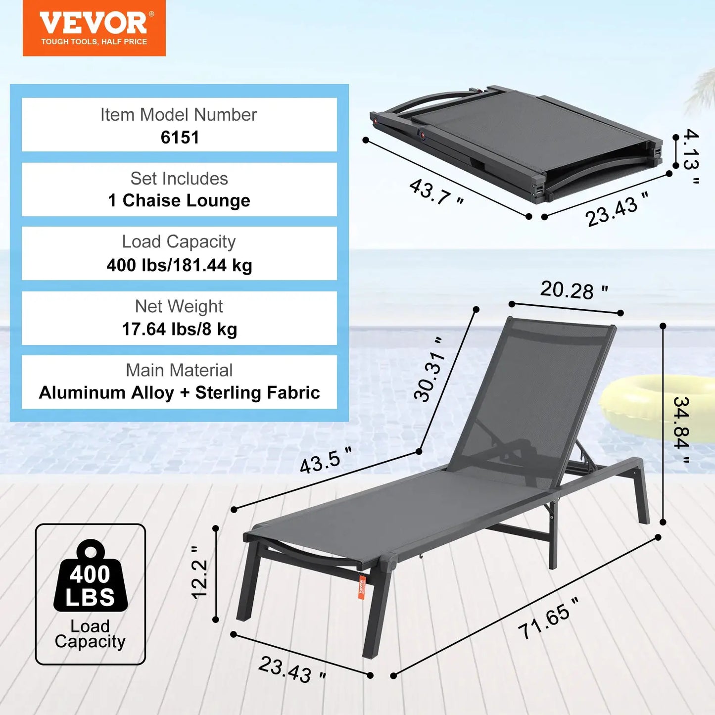 SucceBuy Chaise Lounge Chair Outdoor Aluminum Patio LoungeFolding Pool Lounge Recliner Full Flat for Patio Beach Pool Dark Grey from PriceLows™