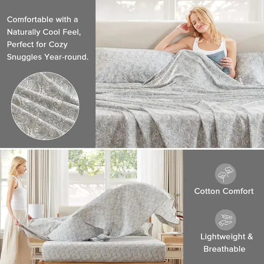 100 Cotton Sheets Queen, Breathable, Naturally Cool Cotton Sheets, Soft Cotton Bed Sheets with 14 Elastic Pocket Fits up to 16 M from PriceLows™