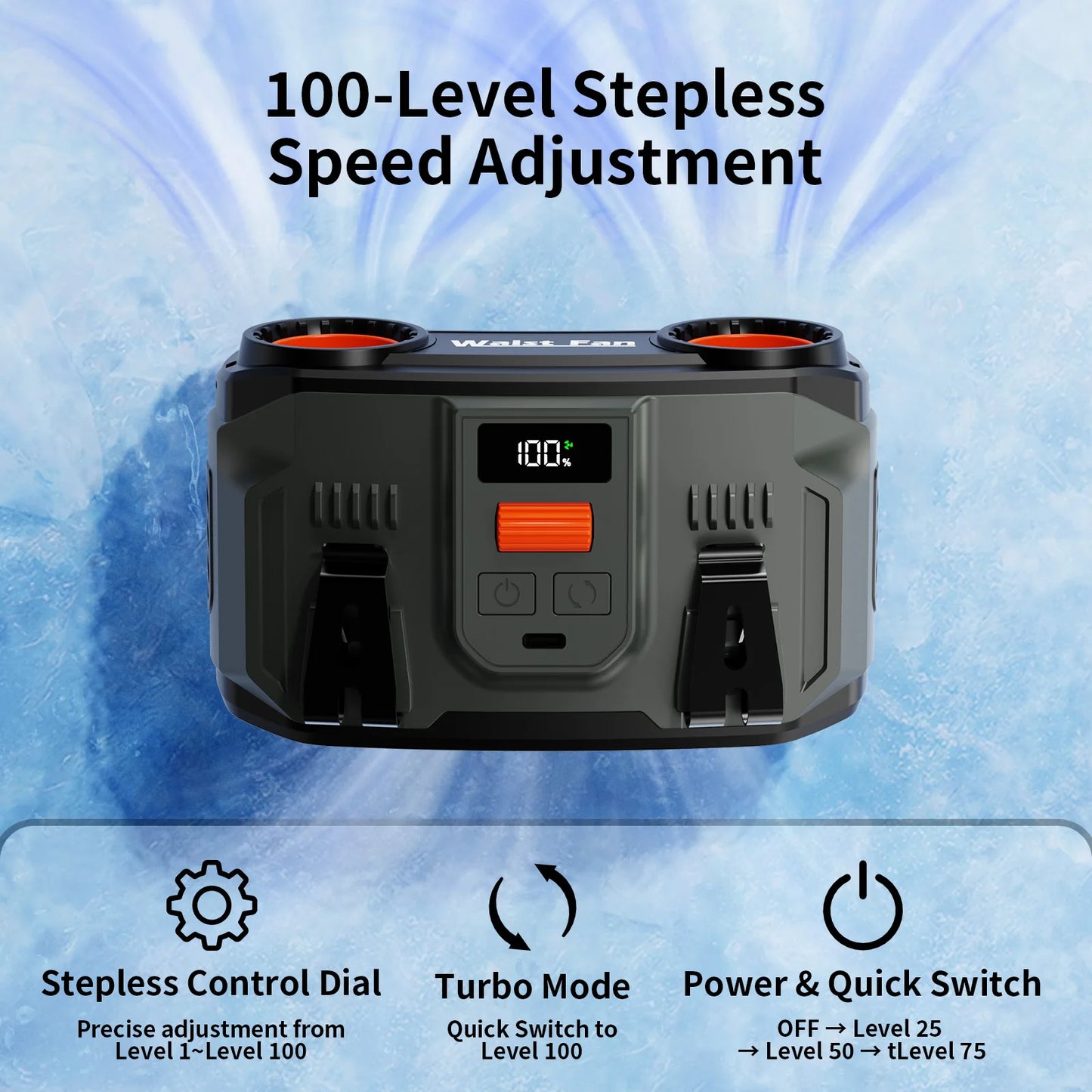 Waist Clip Fan | 20000mAh Battery | 20000 RPM Dual Motors | One Size