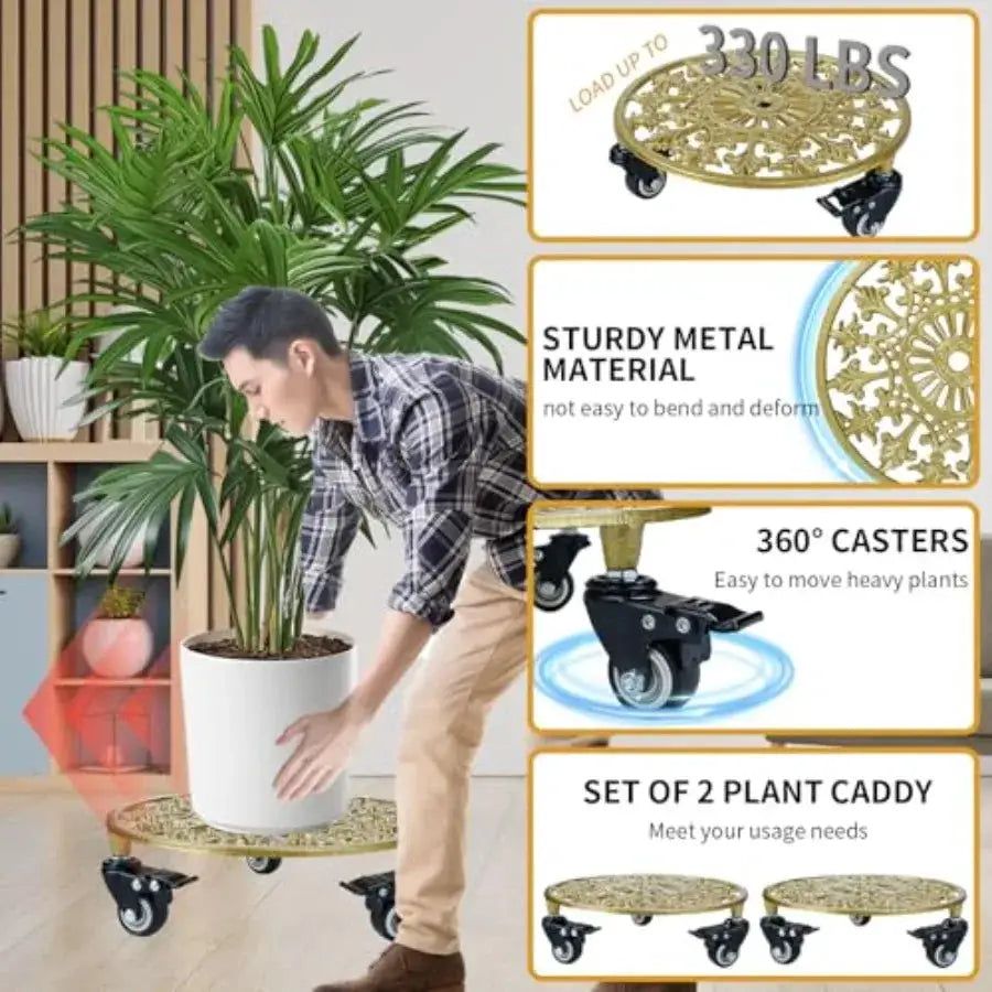 2 Pack Gold Metal Plant Caddy with Wheels, Round Rolling Plant Stand Heavy Duty Indoor Outdoor Planter Dolly, Plant Pot Mover f from PriceLows™