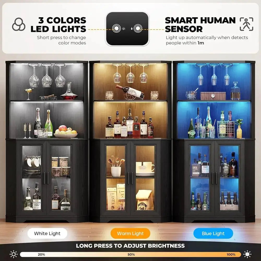 65 Tall LED-lit Wine Cabinet with Glass Holder and Tempered Glass Door for Bar or Dining Room, Black from PriceLows™