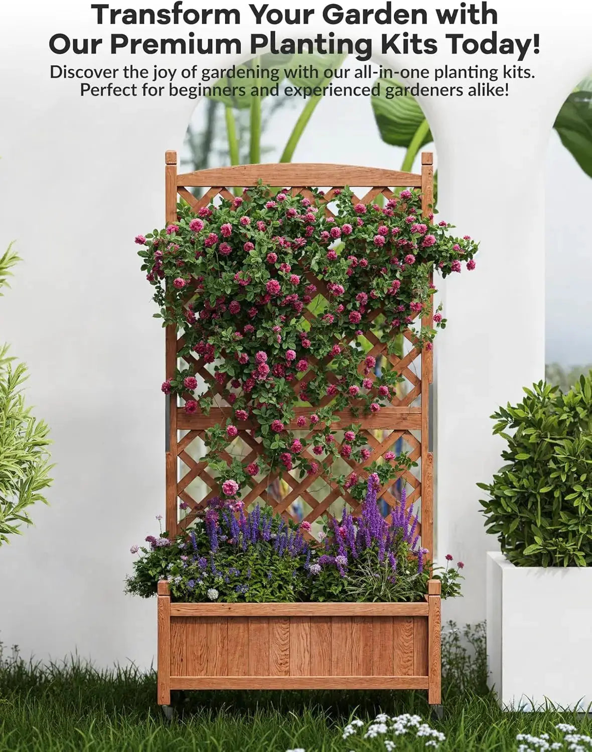 29.5" x 13"x 61.5" Wood Planter Box with Trellis for Plant & Flower, Raised Garden Bed with Wheels, Standing Vertical Ho from PriceLows™