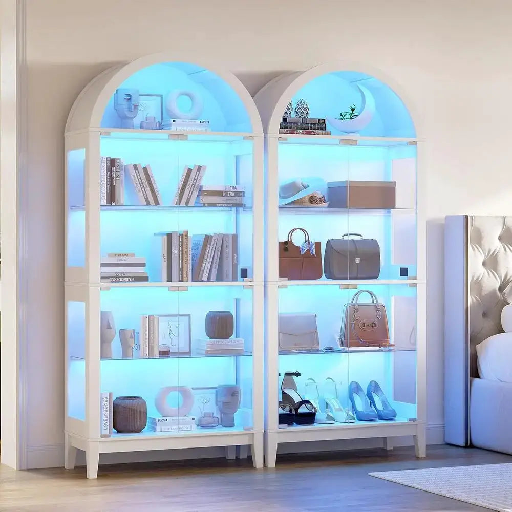 Illuminated Arched Glass Door Bookcase with 9-Cube Storage, 69 Tall, Music-Synced RGB Lights for Living & Bedroom (White) from PriceLows™
