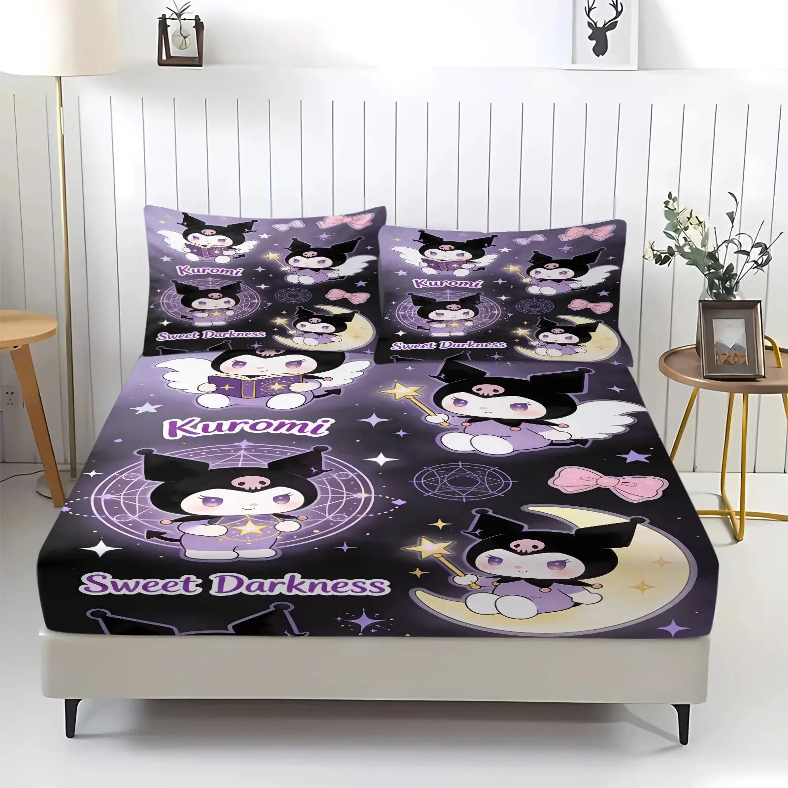 Sanrio Kuromi Magical Castle Fitted Sheet Set Cute Dark Anime Bed Sheet Pillowcases Girl Bedroom Soft Cartoon Mattress Protector from PriceLows™