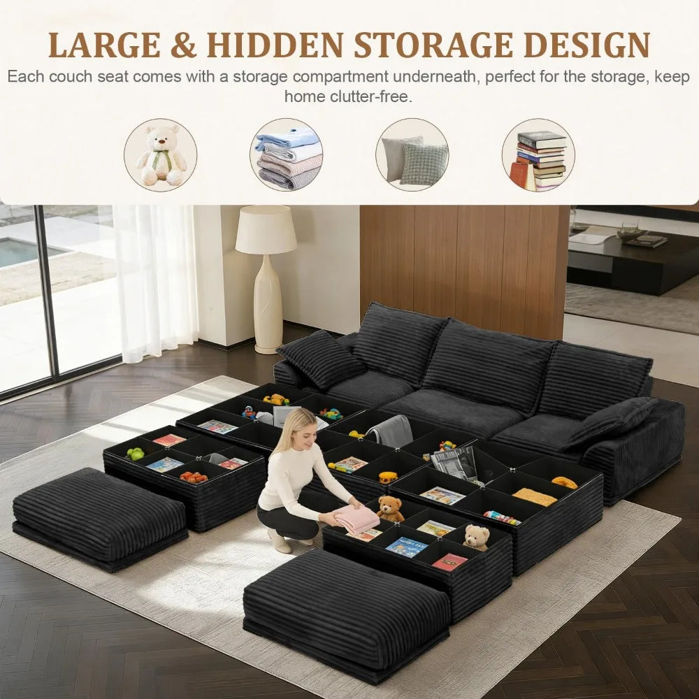 U Shaped Sectional Sofa | Depth 27in | Height 20.5in | 3 Seater Storage Ottoman
