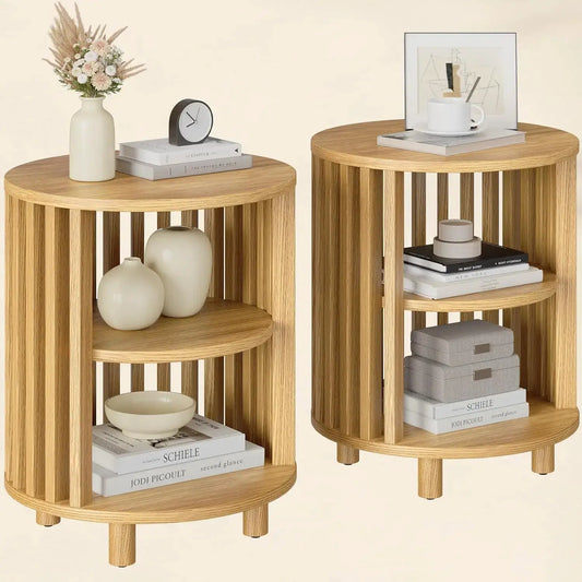 Round End Table, Wood Bedside Table, Mid Century Modern Nightstand with Open Storage Shelf, 3 Tier Small Side Tables for Living Room, Bedroom, Curved Profile Design, Natural Oak(2-Pack) from PriceLows™