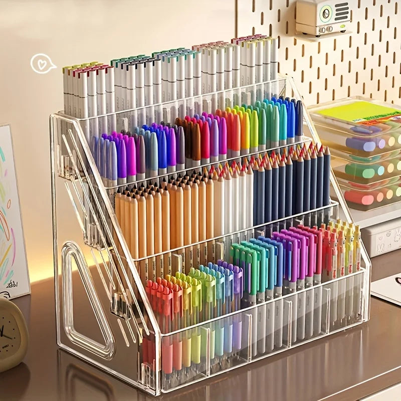Pen Holder Organizer | Acrylic Storage | Paintbrush Compartments | Home Office