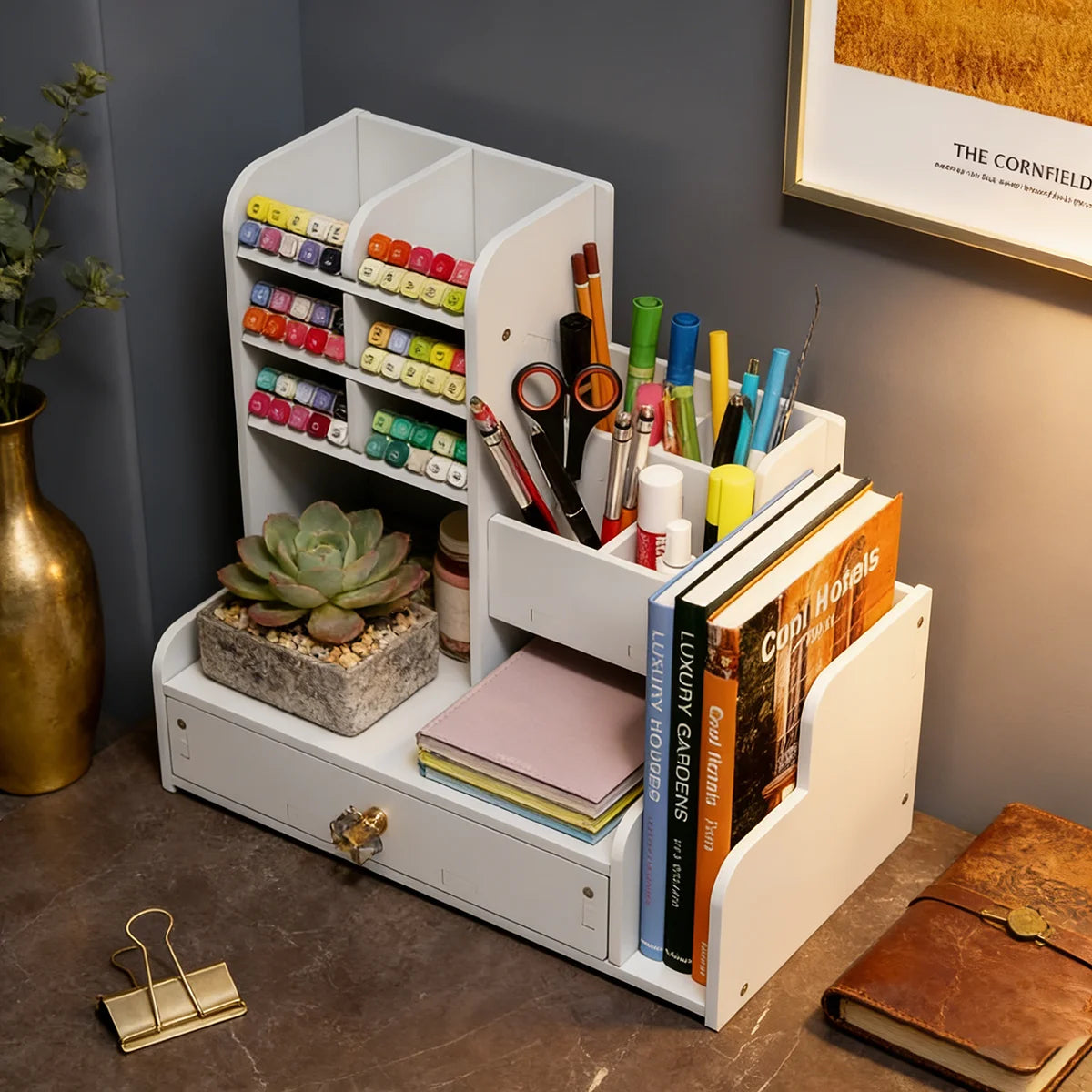 Desk Organizer | Wood Grain Finish | With Drawer | Multi Grid Caddy